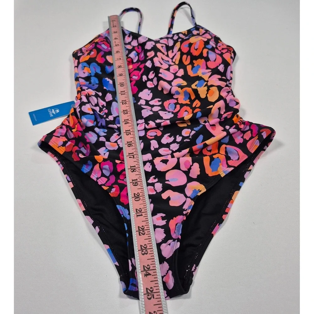 Cupshe One Piece Swimsuit Black Pink Leopard Print Tummy Control NWT Medium